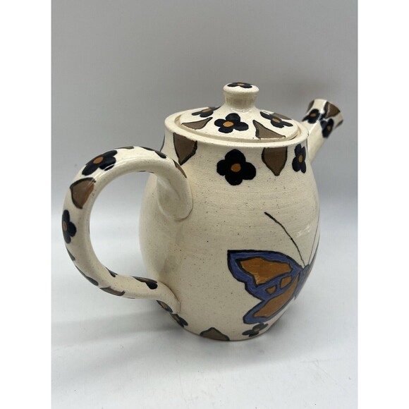 Artist Handmade Glazed Pottery Pitcher Butterfly Floral Design Spring Decor - Picture 10 of 16